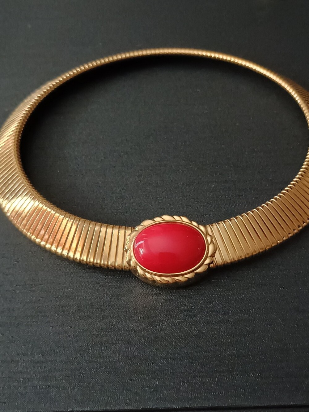 Vintage Monet Gold Plated Omega Collar Necklace with Red Centerstone 18"